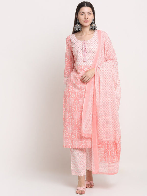 Kalini Women Peach-Coloured Yoke Design Pure Cotton Kurta with Trousers & Dupatta - Distacart