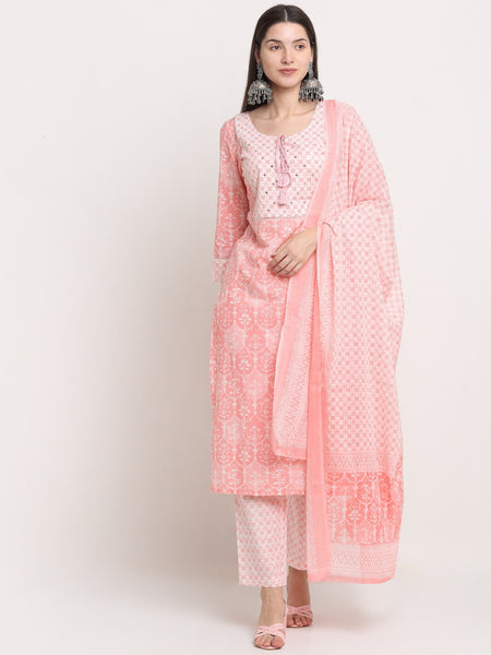Kalini Women Peach-Coloured Yoke Design Pure Cotton Kurta with Trousers & Dupatta - Distacart