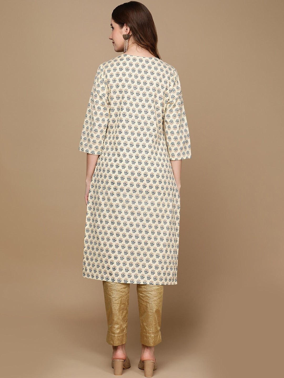 HERE&NOW Cream-Color & Teal Ethnic Motifs Printed Sequined Cotton Kurta - Distacart