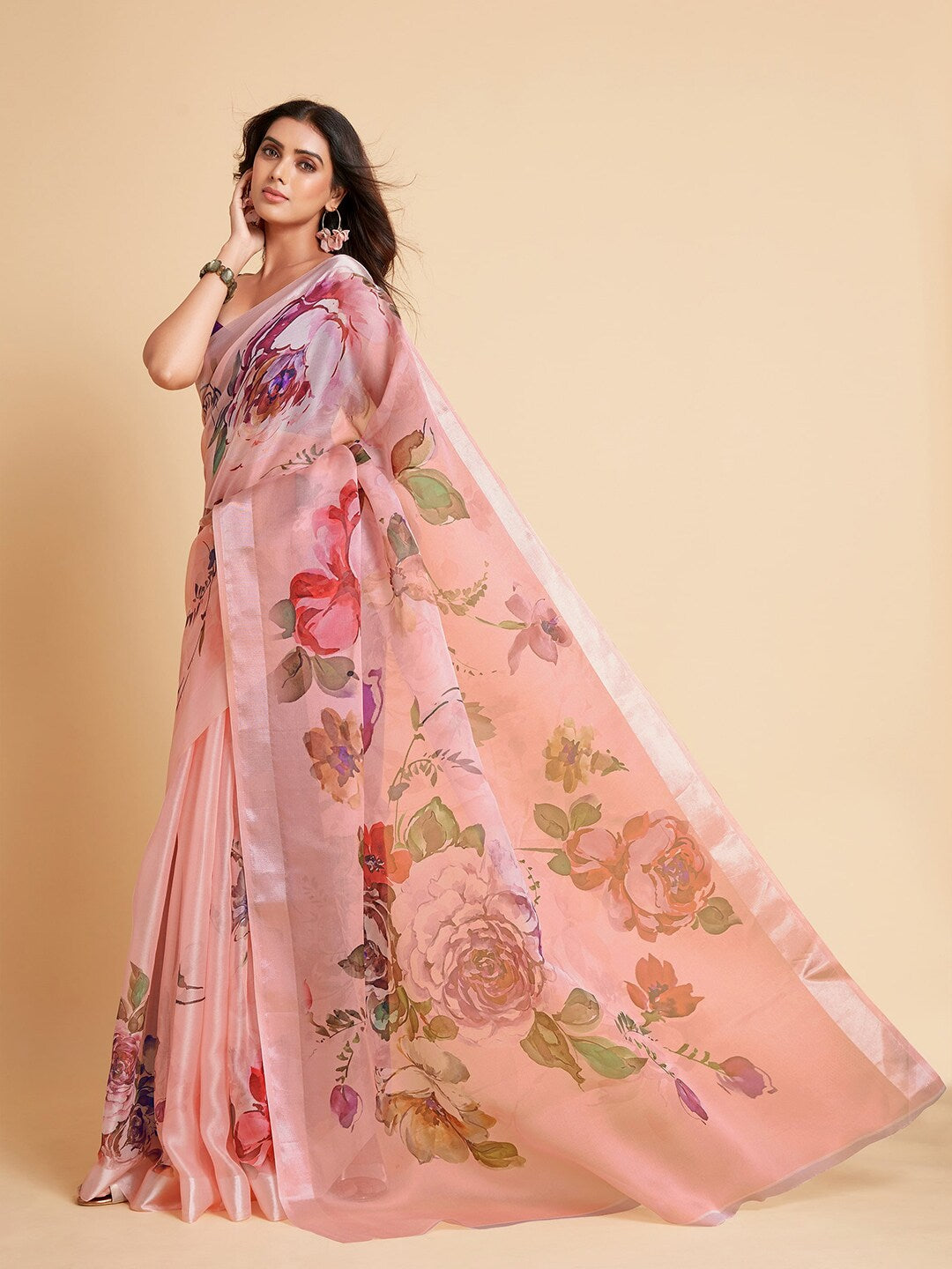 Sangria Peach-Coloured & Purple Floral Organza Saree - Distacart