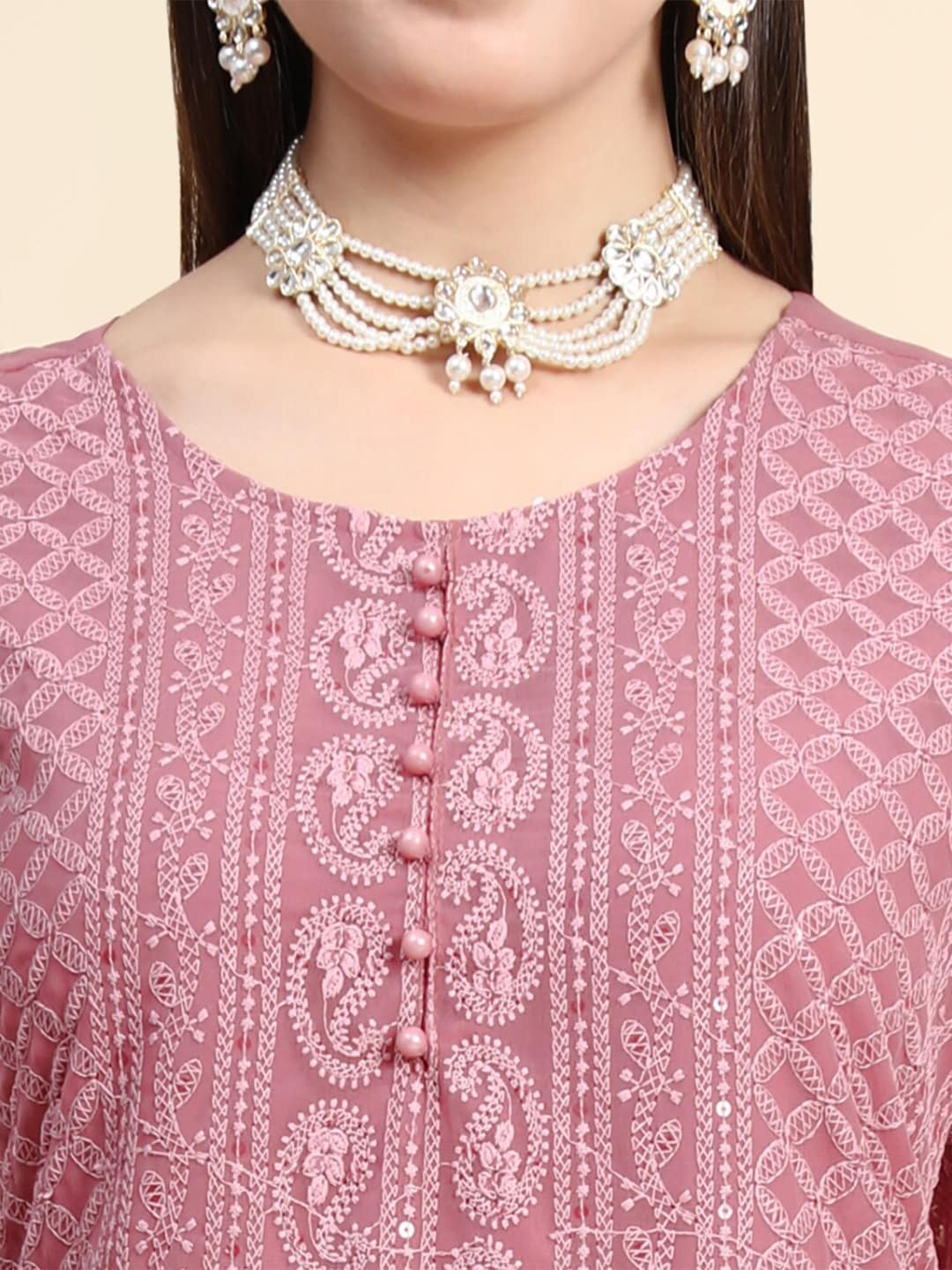 Kalini Round Neck Paisley Embroidered Chikankari Georgette Kurta - Distacart