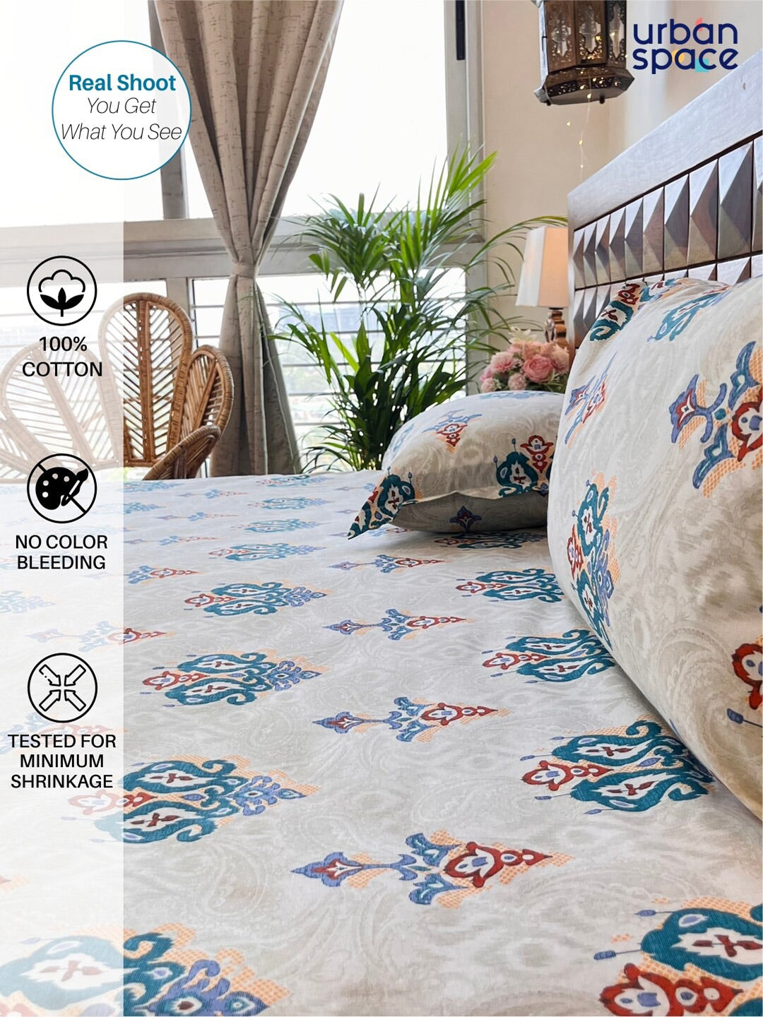 URBAN SPACE Divine White Ethnic Motifs 144 TC Cotton Queen Bedsheet & 2 Pillow Covers - Distacart