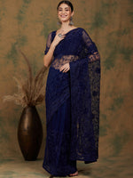 Thumbnail for Sangria Navy Blue Floral Embroidered Net Saree - Distacart