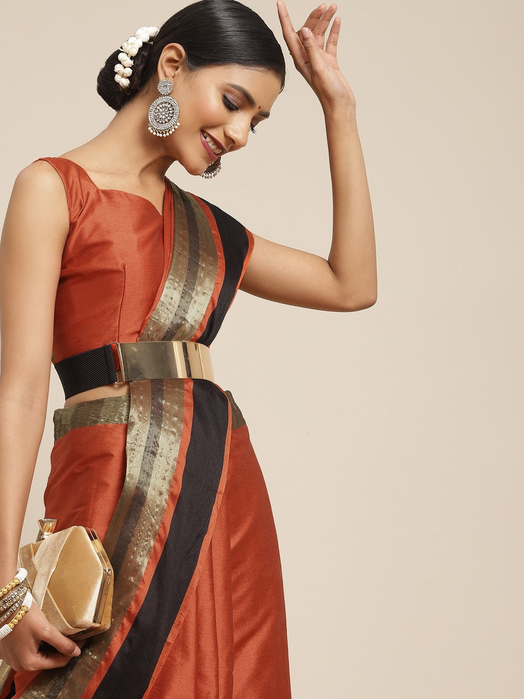 Saree Mall Rust & Gold-Toned Woven Design Silk Blend Uppada Sarees - Distacart