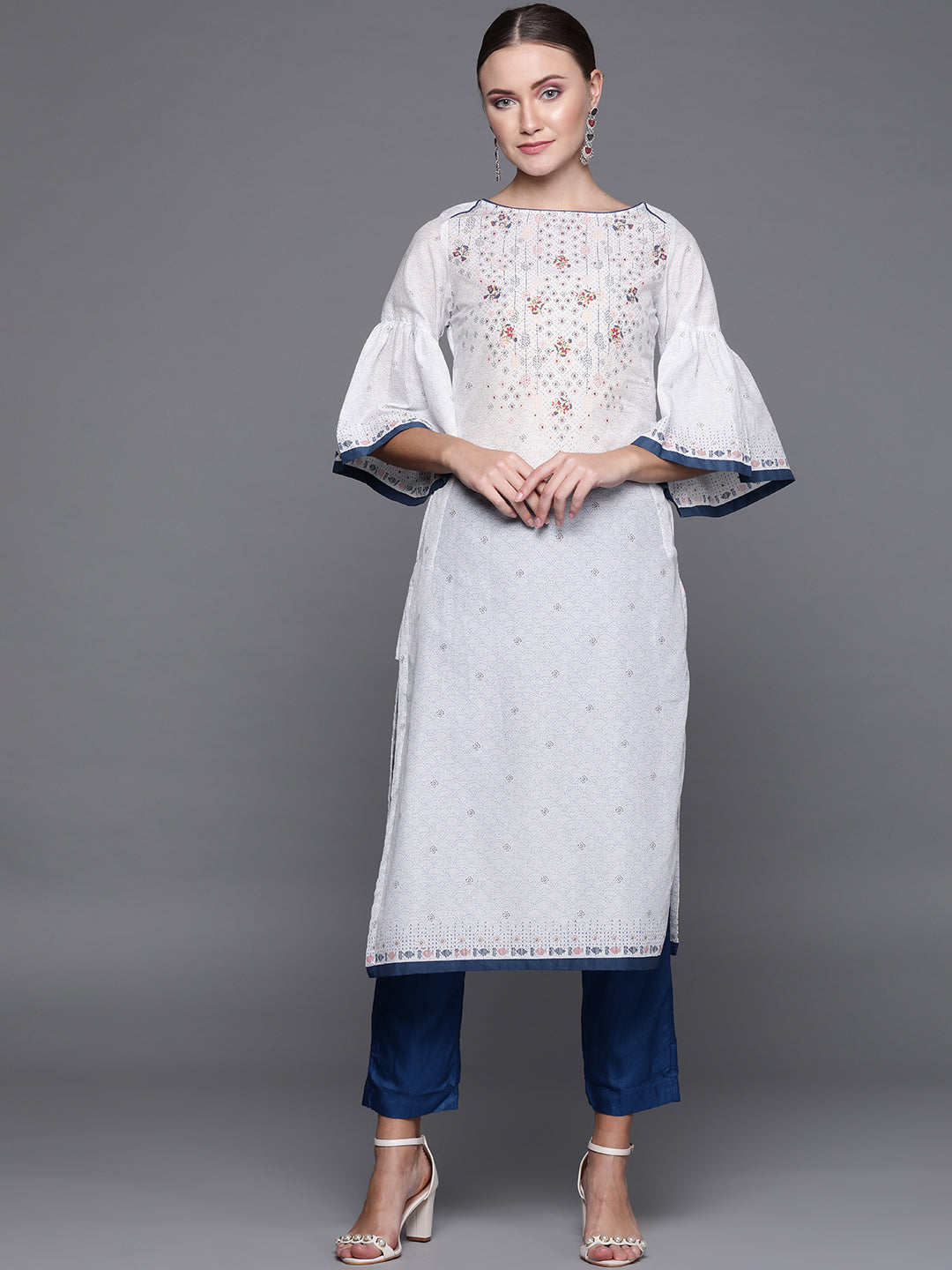 Biba Women White & Blue Printed Straight Kurta - Distacart