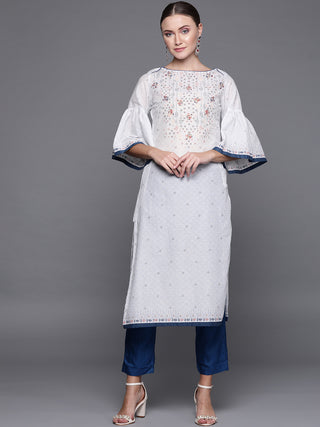 Biba Women White & Blue Printed Straight Kurta - Distacart