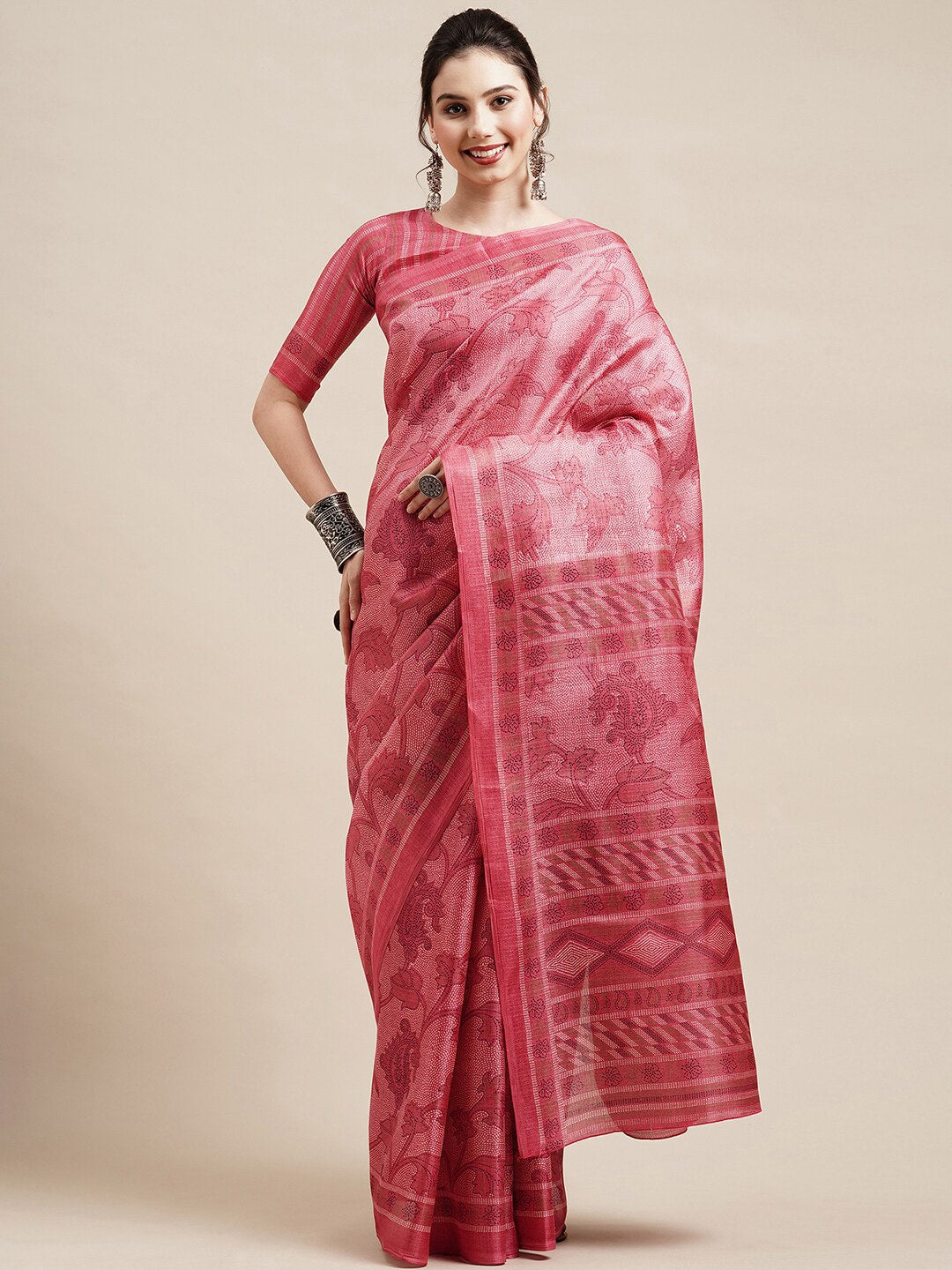 Saree Mall Peach-Coloured & White Floral Art Silk Sarees - Distacart