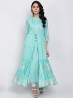 Thumbnail for Biba Women Turquoise Blue & Beige Printed A-Line Kurta - Distacart