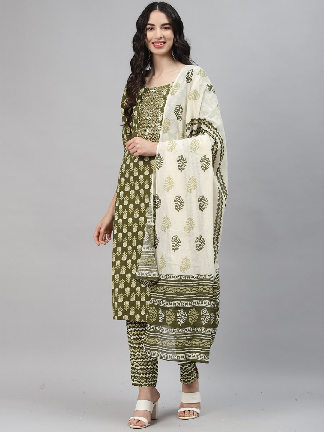 Kalini Women Floral Printed Mirror Work Kurta with Trousers & Dupatta - Distacart