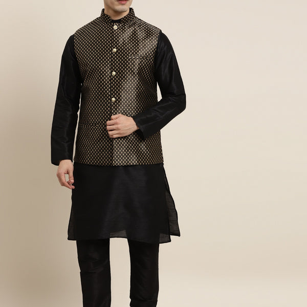 Sojanya Men Black Solid Kurta with Churidar & Nehru Jacket - Distacart