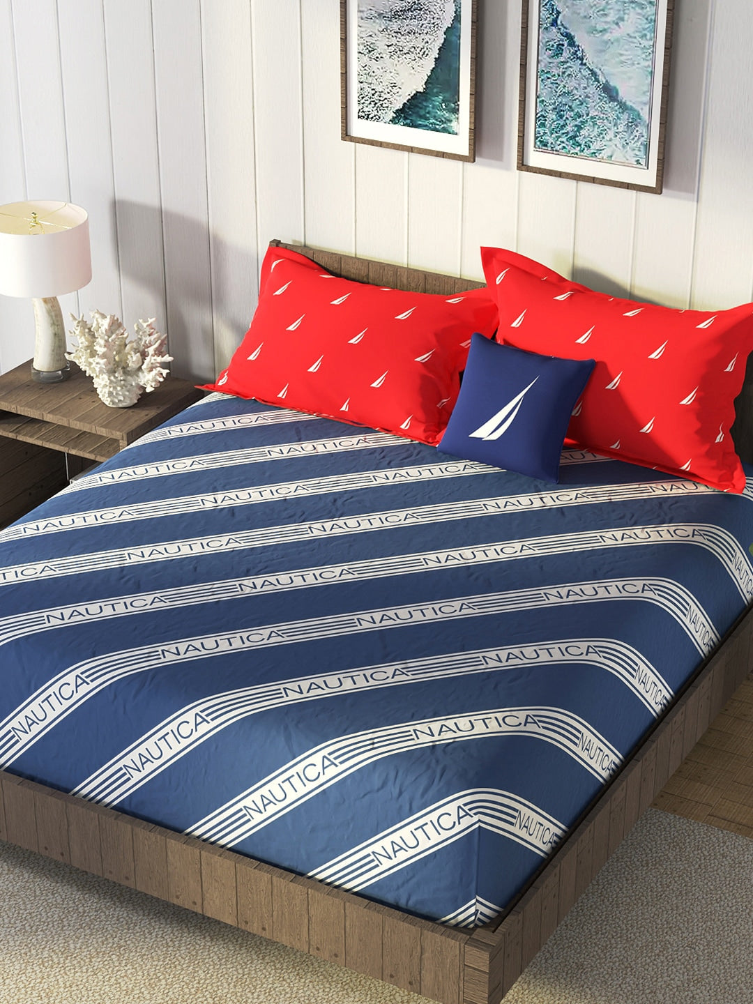 Nautica Blue & Red Striped Cotton 160 TC King Bedsheet With 2 Pillow Covers - Distacart