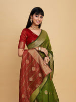 Thumbnail for Sangria Green Ethnic Motifs Woven Design Zari Organza Saree - Distacart