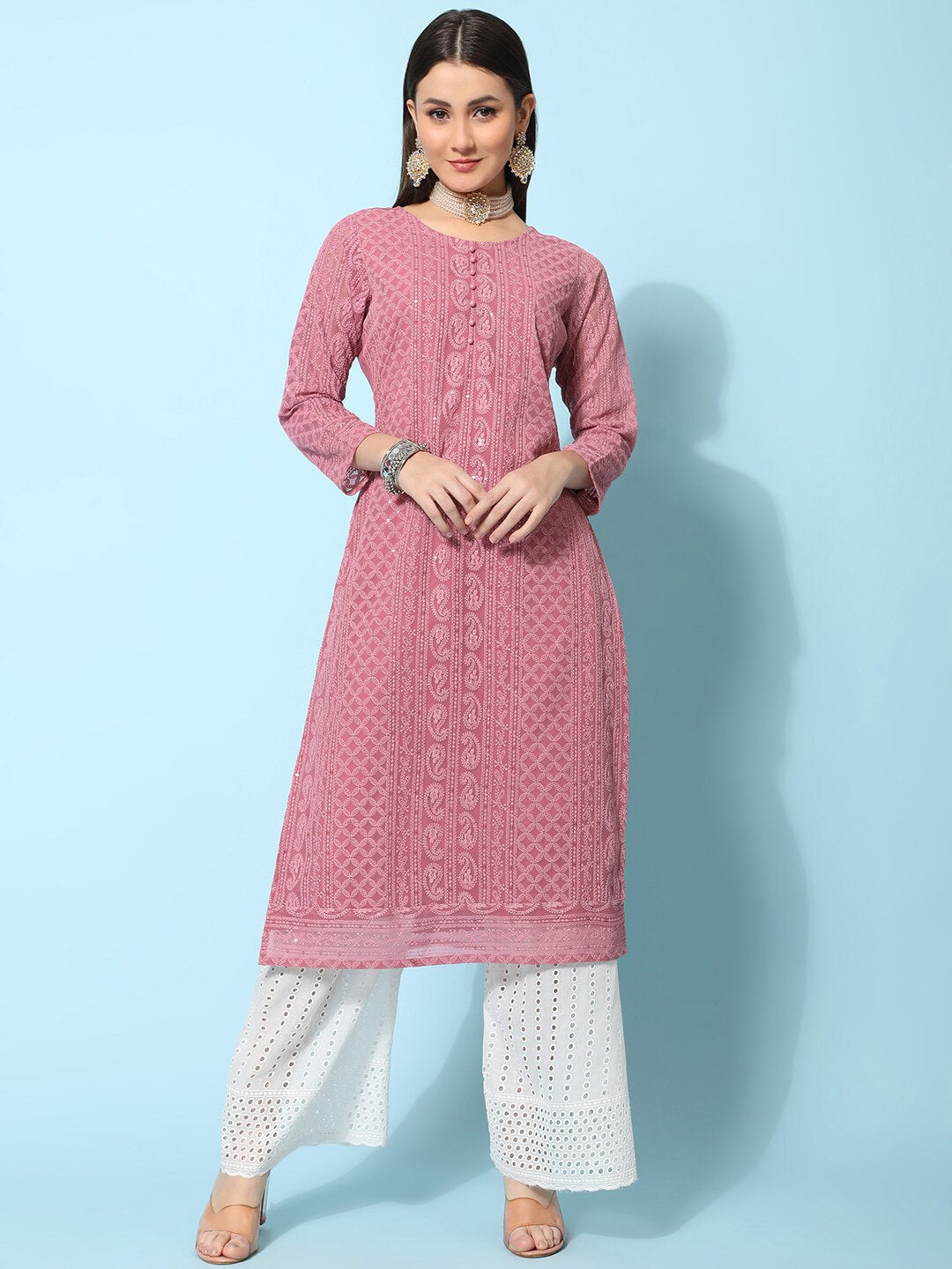 Kalini Ethnic Motifs Embroidered Chikankari Georgette Kurta - Distacart