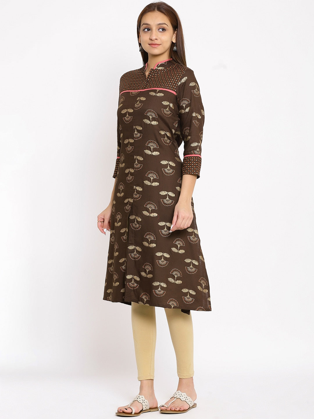 HERE&NOW Brown & Beige Mandarin Collar Floral Printed Straight Kurta - Distacart