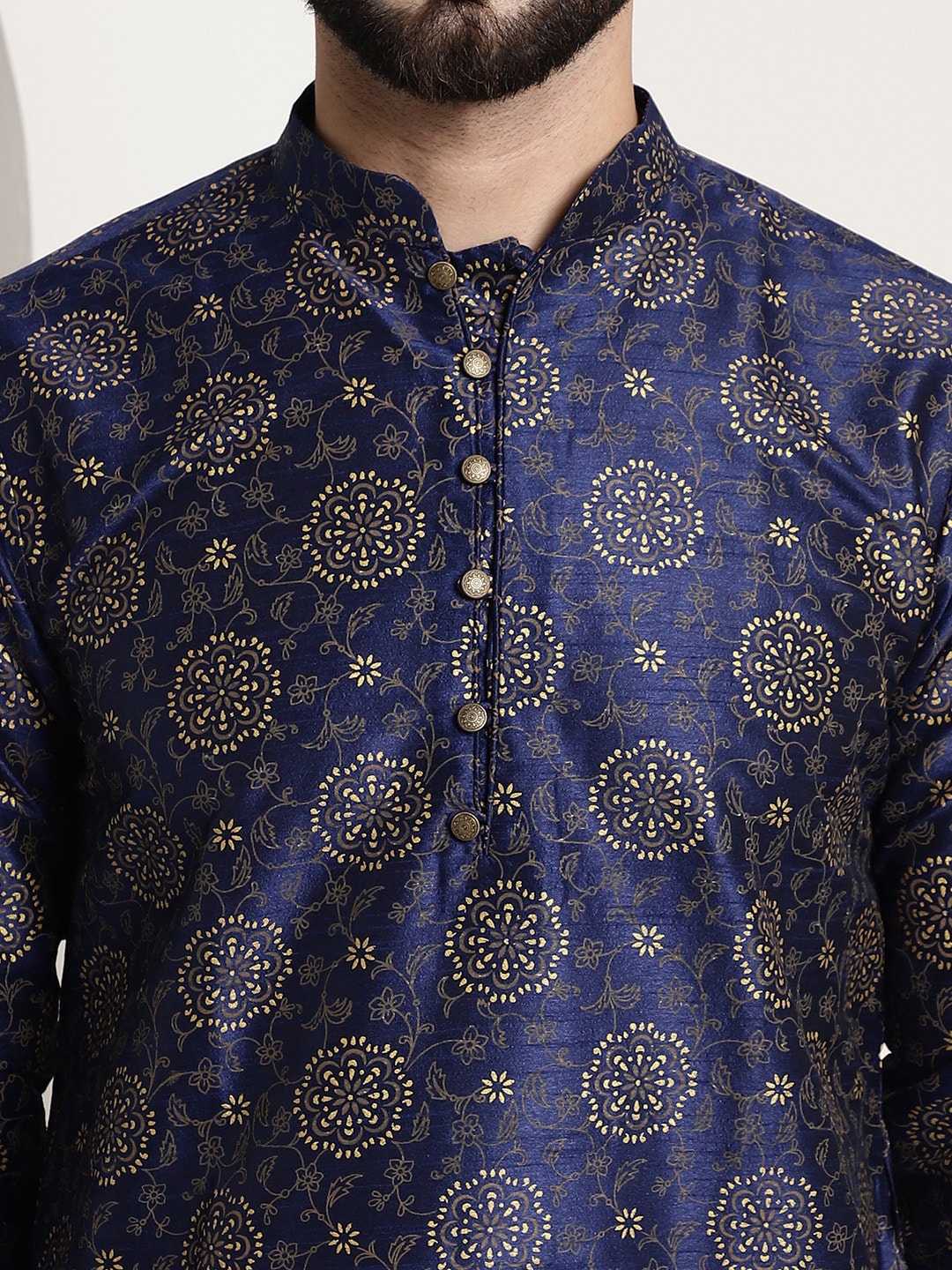Sojanya Men Navy Blue & Golden Ethnic Motifs Printed Indigo Kurta - Distacart