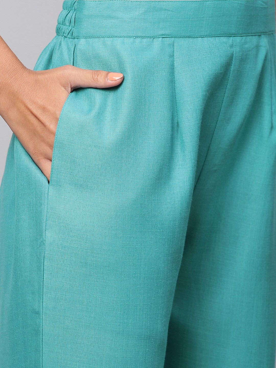 Kalini Women Sea Green Ethnic Motifs Woven Kurti with Trousers & With Dupatta - Distacart
