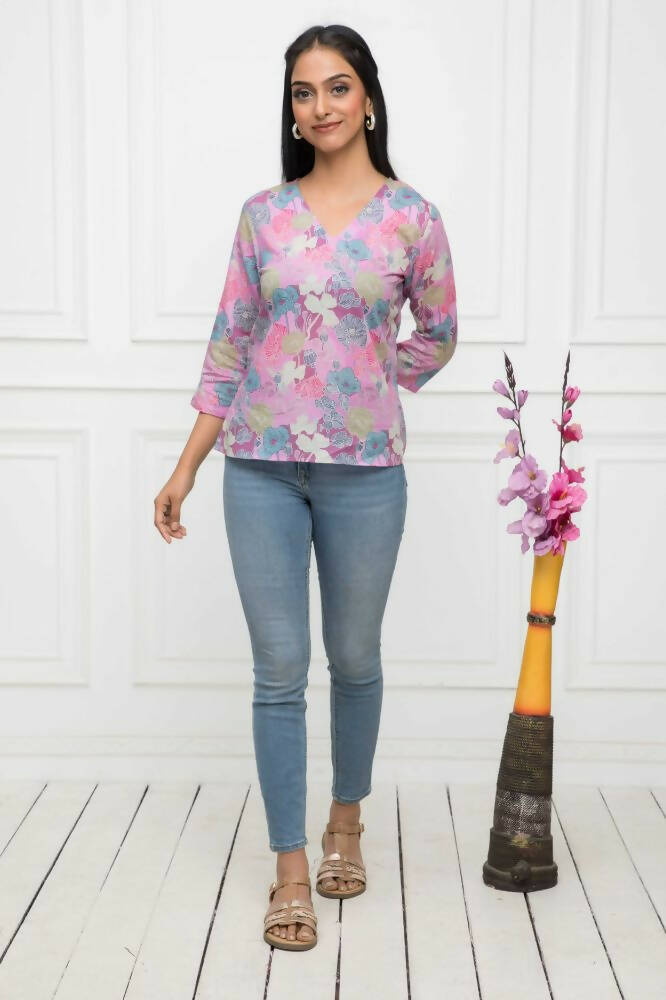 Myshka Women Multi Floral V-Neck Regular Sleeves Viscose Rayon Top - Distacart