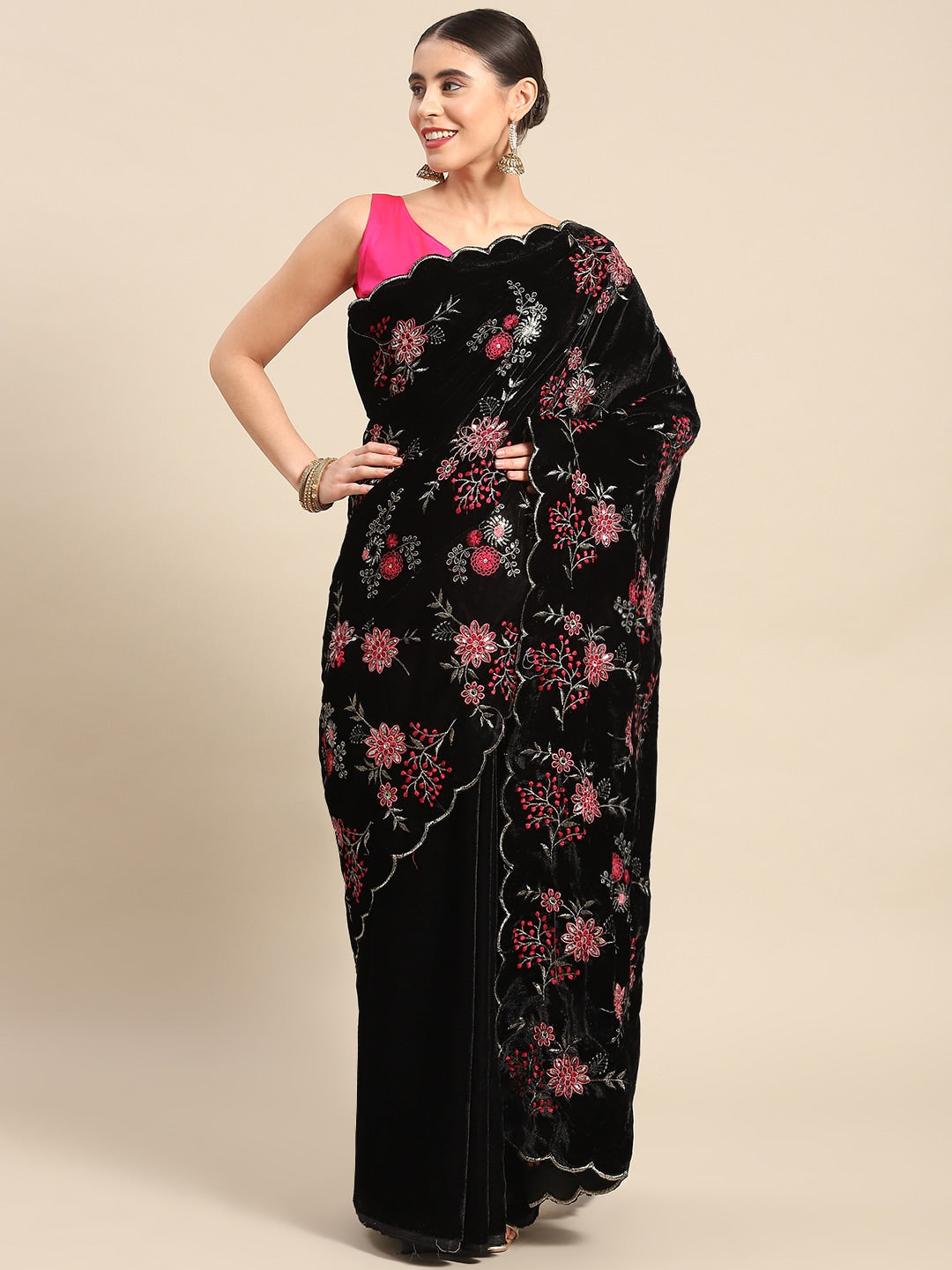Mitera Floral Sequinned Velvet Saree - Distacart