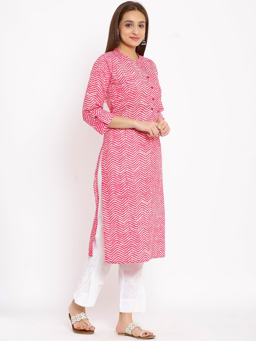 HERE&NOW Pink Chevron Printed Regular Kurta with Trousers - Distacart