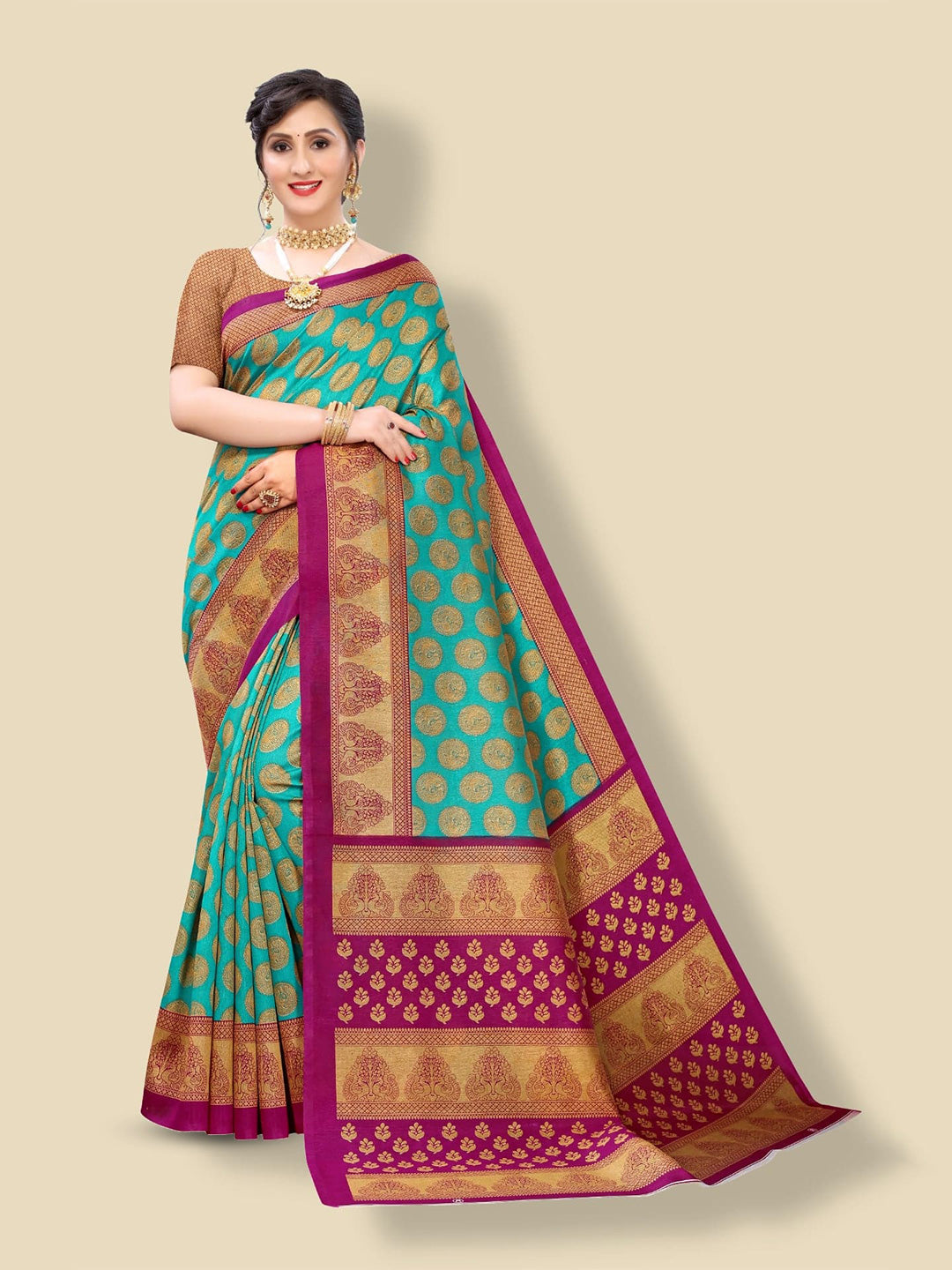 Kalini Green & Magenta Ethnic Motifs Kanjivaram Jacquard Saree - Distacart