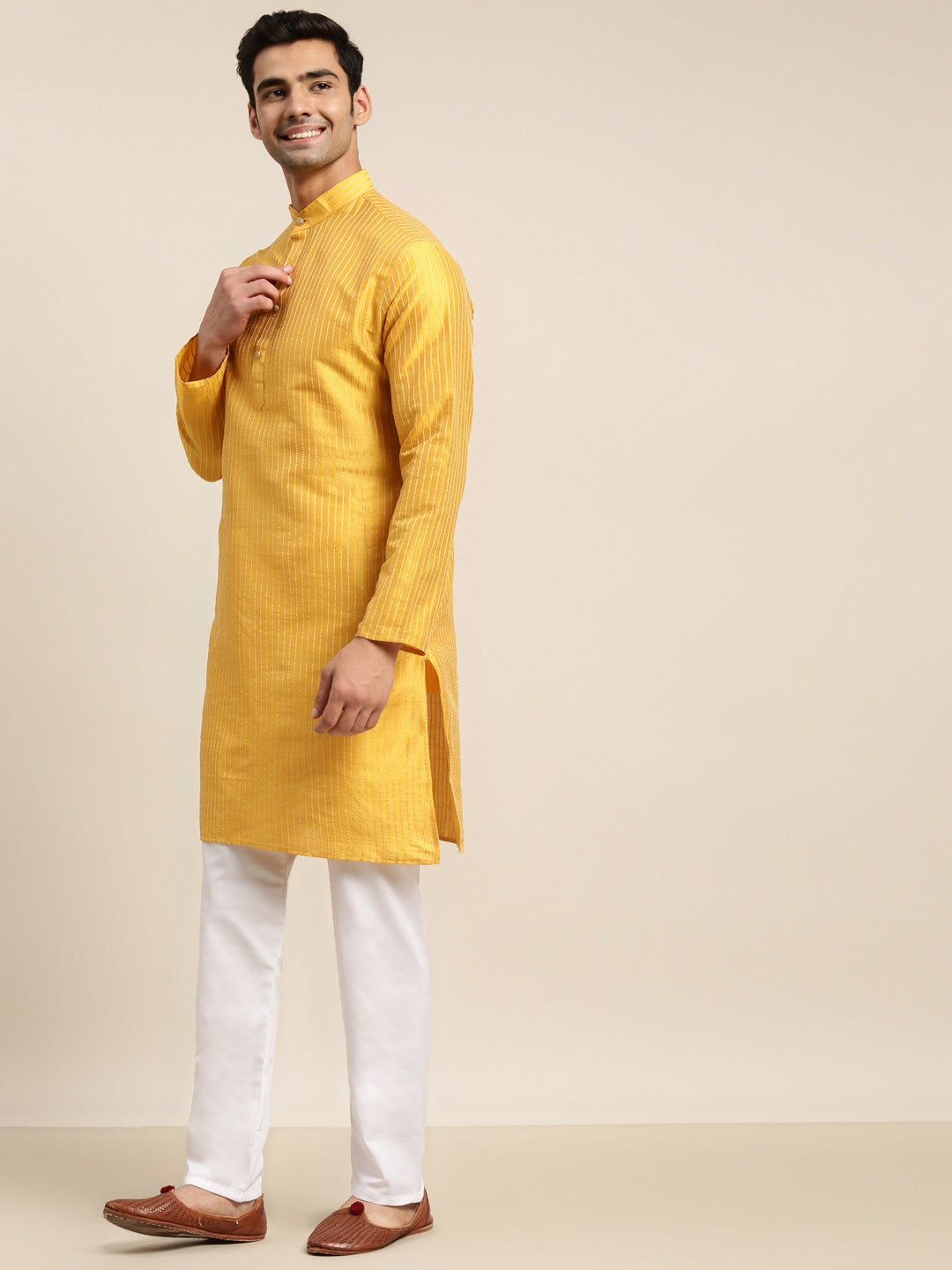 Sojanya Men Mustard Yellow Kurta with Churidar & Nehru Jacket - Distacart