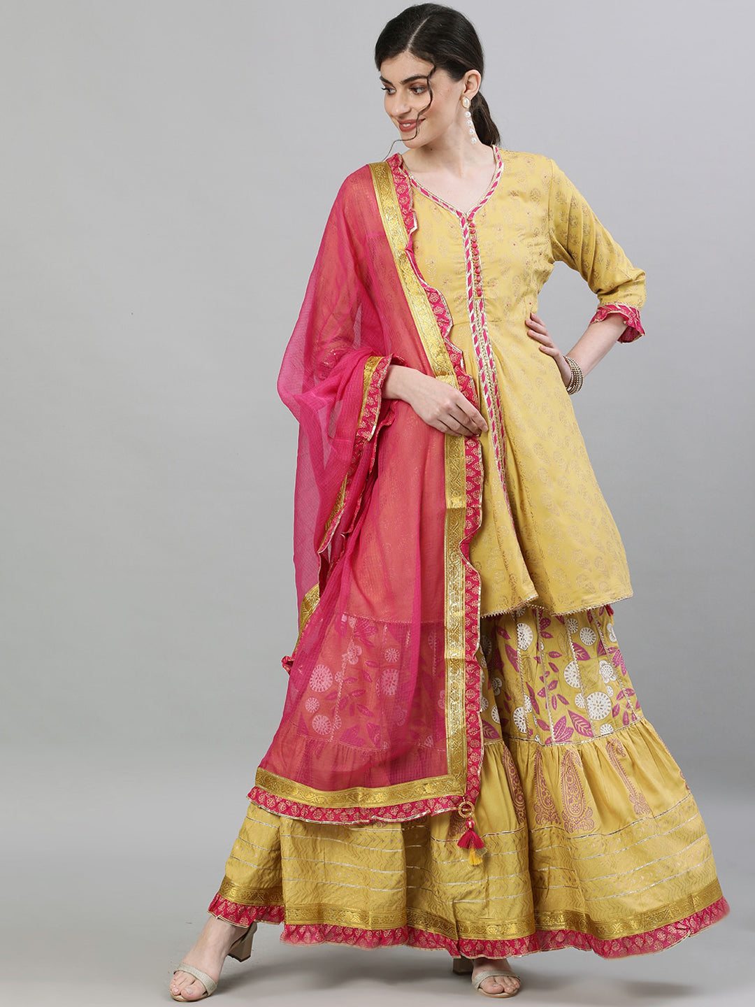 Ishin Women Mustard & Pink Printed Kurti with Sharara & Dupatta - Distacart