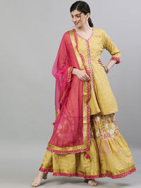 Thumbnail for Ishin Women Mustard & Pink Printed Kurti with Sharara & Dupatta - Distacart