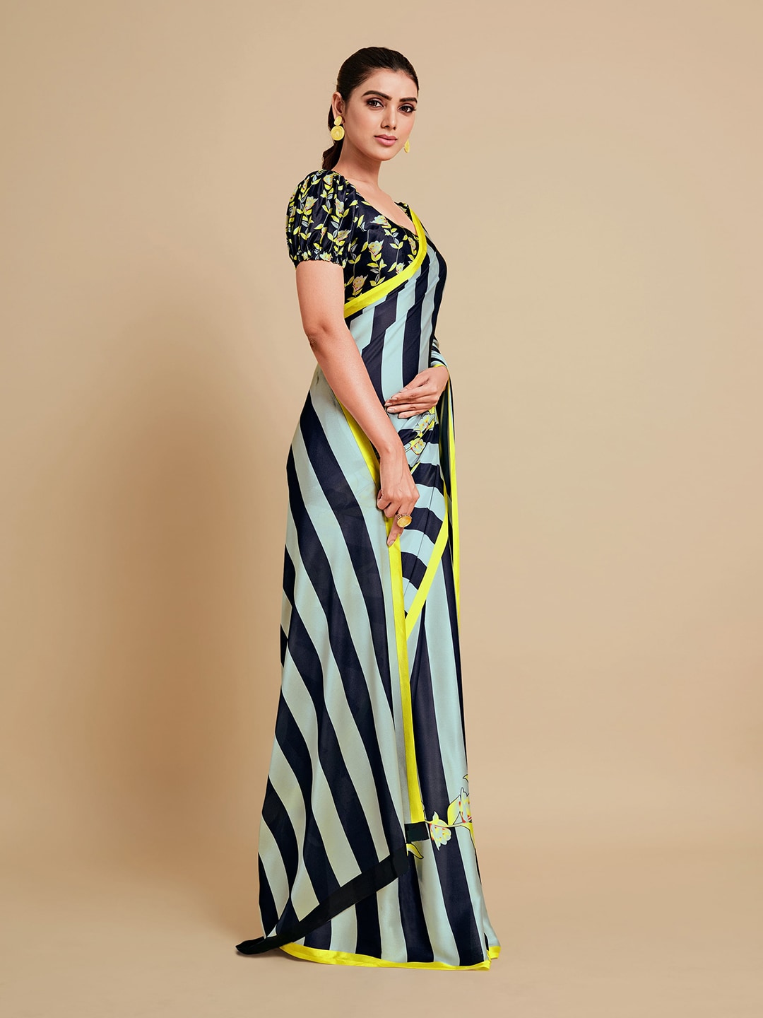Sangria Navy Blue & Green Striped Satin Saree - Distacart
