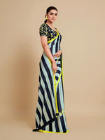 Thumbnail for Sangria Navy Blue & Green Striped Satin Saree - Distacart