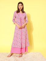 Thumbnail for HERE&NOW Women Pink Floral Printed Regular Pure Cotton Kurta with Palazzos - Distacart