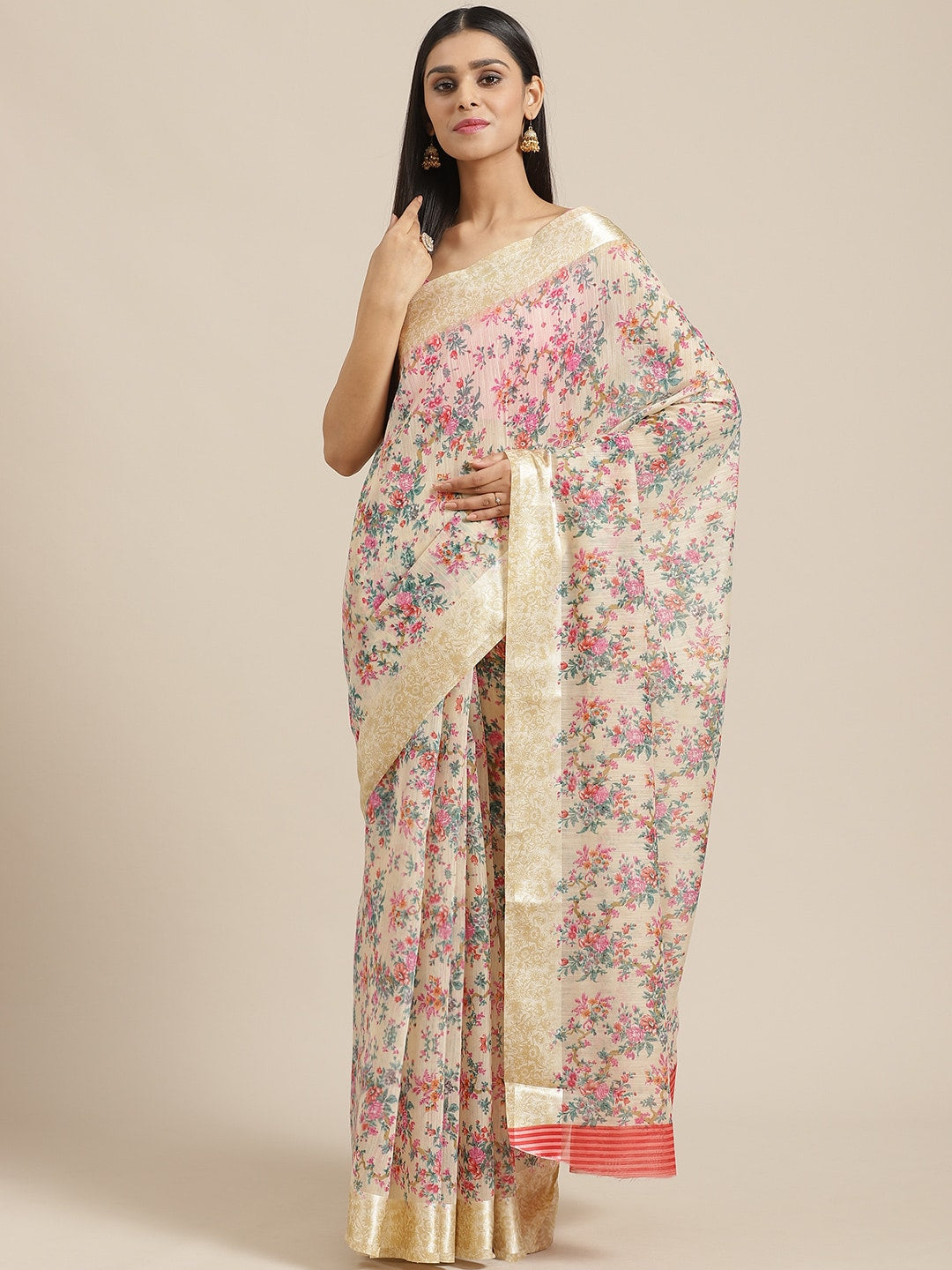 Saree Mall Cream-Coloured & Pink Floral Print Saree - Distacart