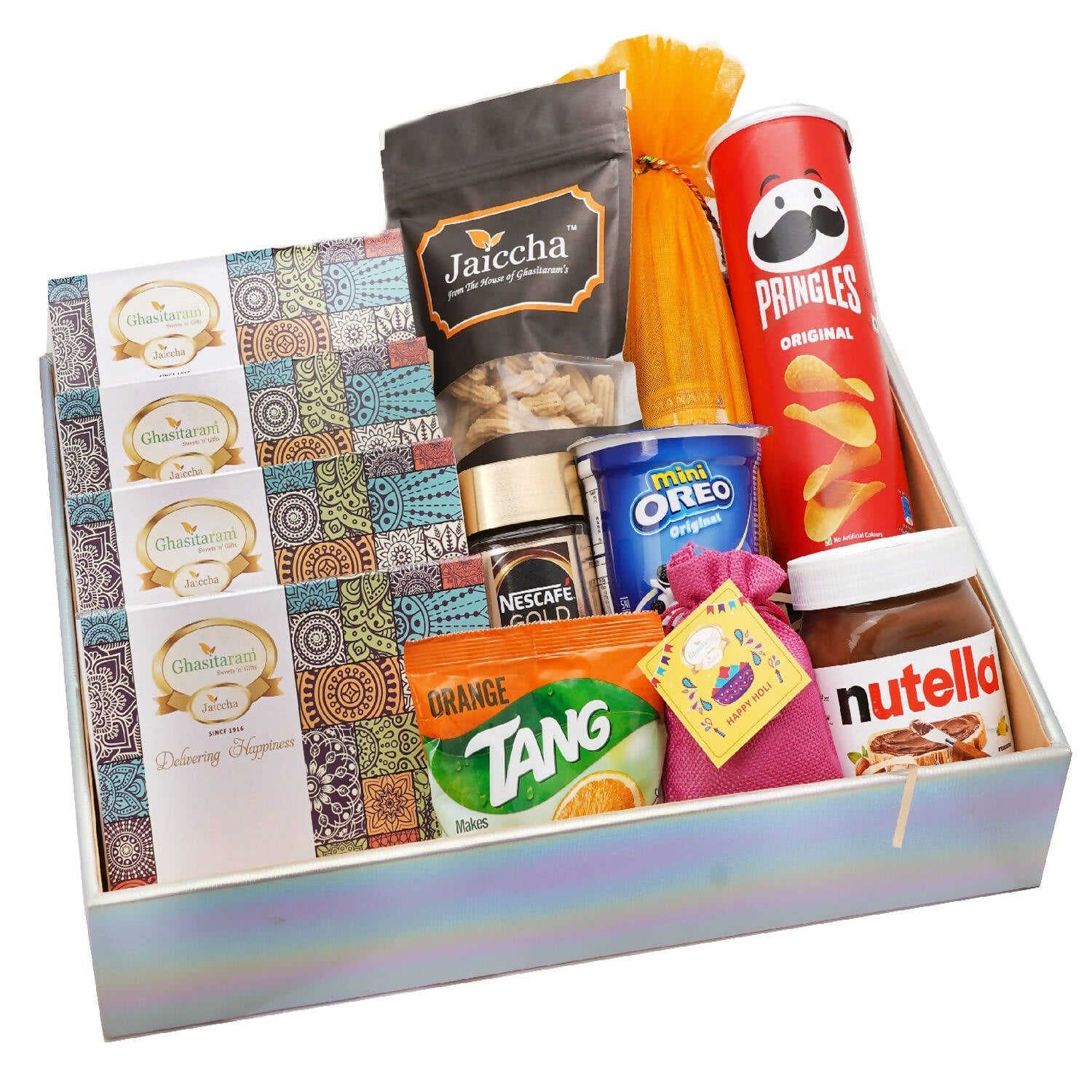 Ghasitaram Colourful Hamper Basket of Holi Goodies - Distacart