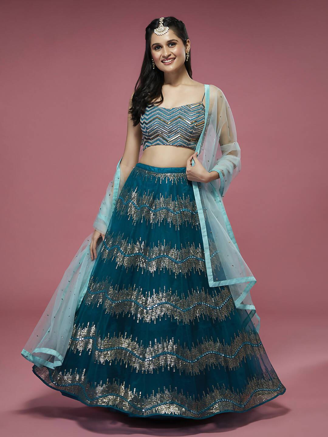 House of Panchhi Teal Net Sequinse Embroidered Lehenga & Blouse with Dupatta - Distacart