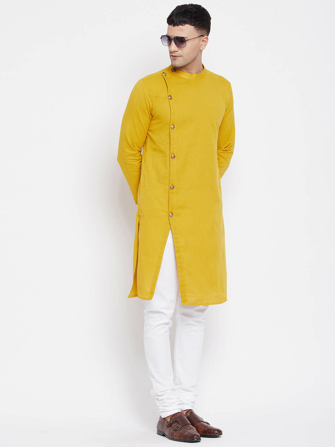 Even Apparels Yellow Pure Cotton Men's Sherwani Kurta With Asymetrical Cut - Distacart