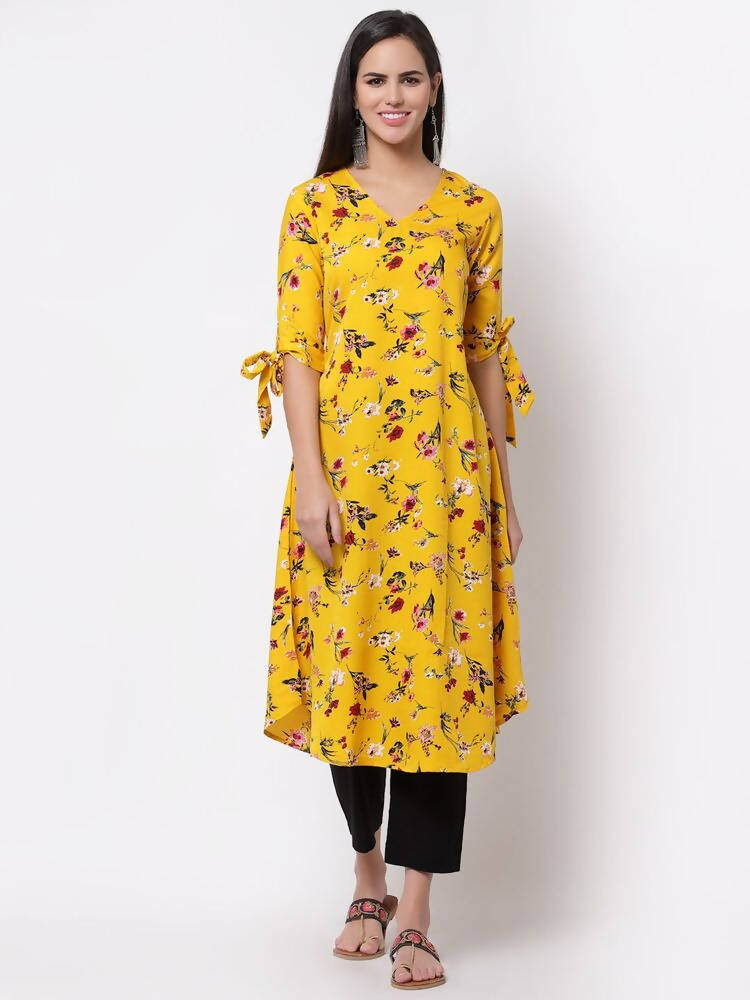 Myshka Women's Crepe Printed Half Sleeve V - Neck Casual Yellow Kurta