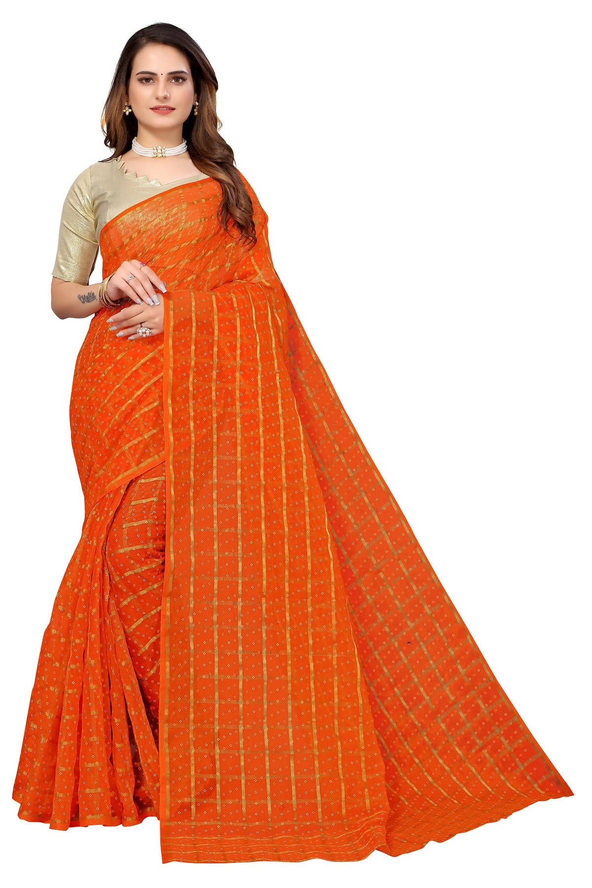 Vamika Ethnic Fire Orange Jari Work Chiffon Saree - Distacart