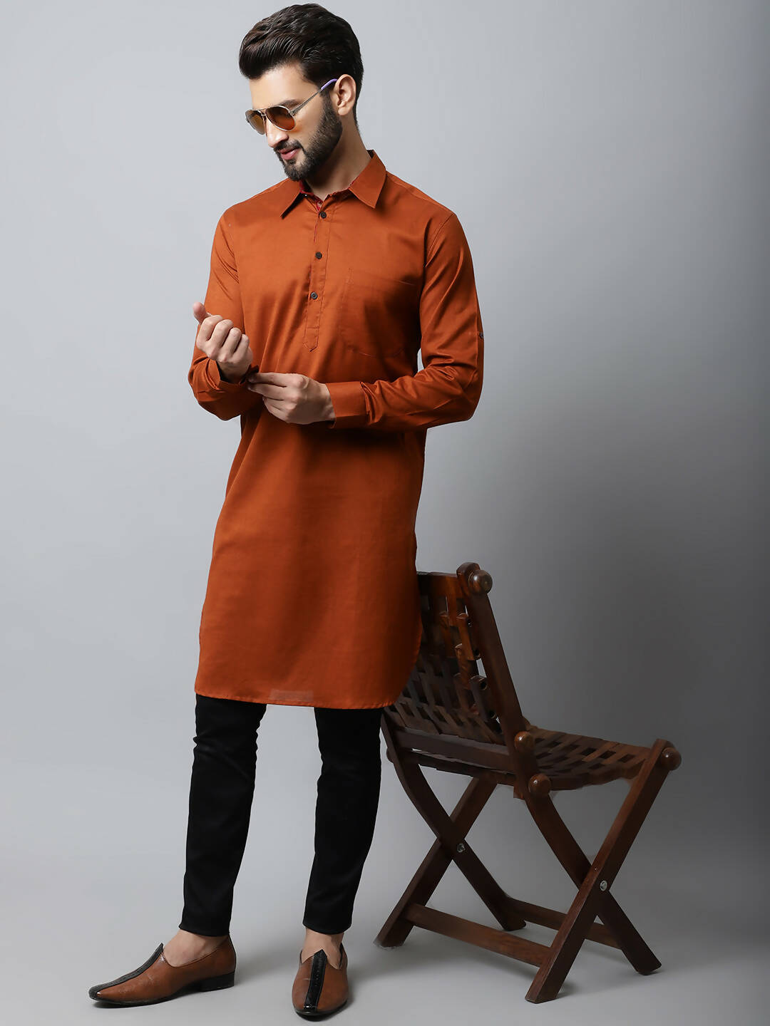 Even Apparels Brown Color Pure Cotton Solid Men's Kurta With Shirt Collar (SLD1137) - Distacart