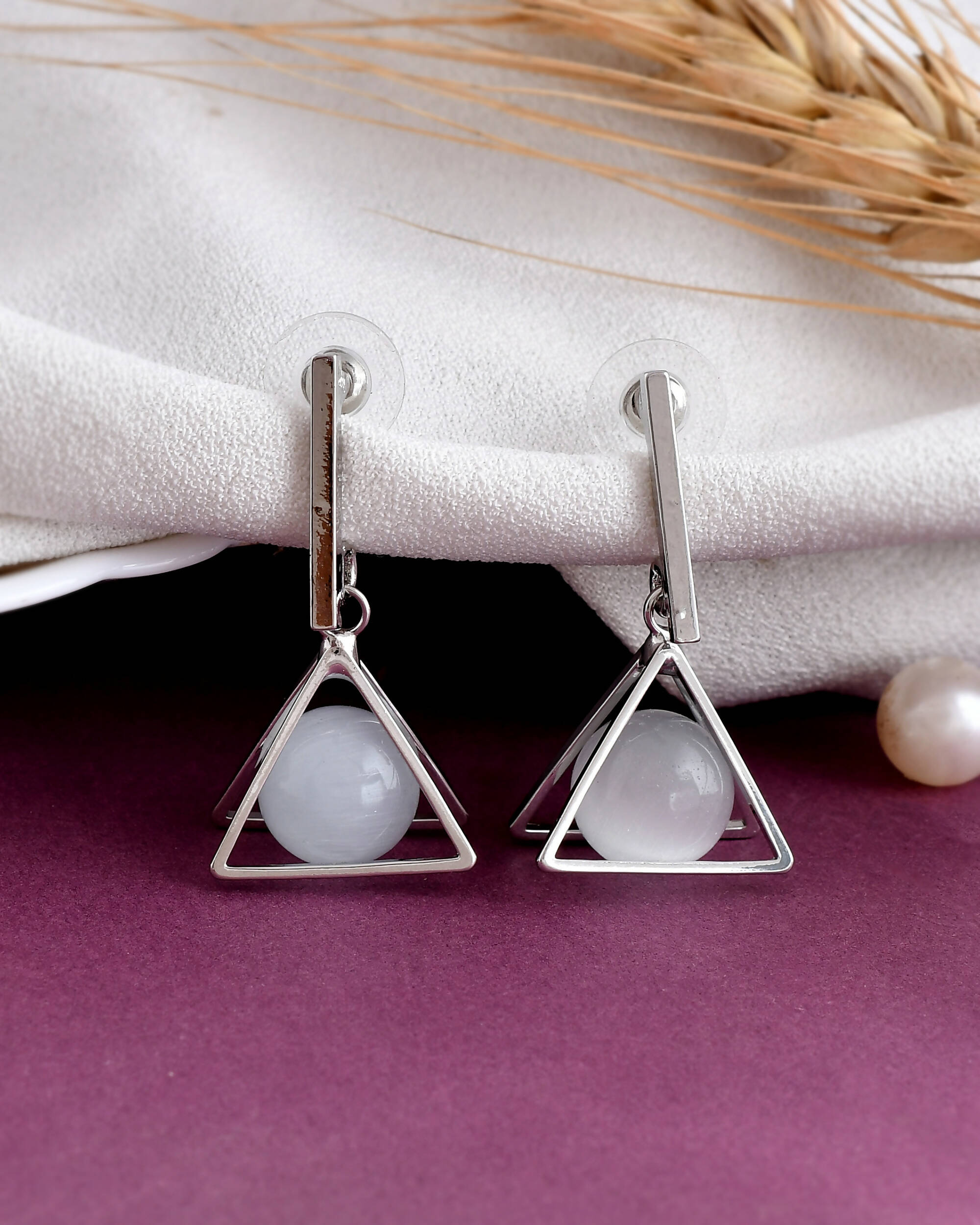 VOJ Women Sliver Triangle with Pearl Stainless Steel Stud Earrings - Distacart