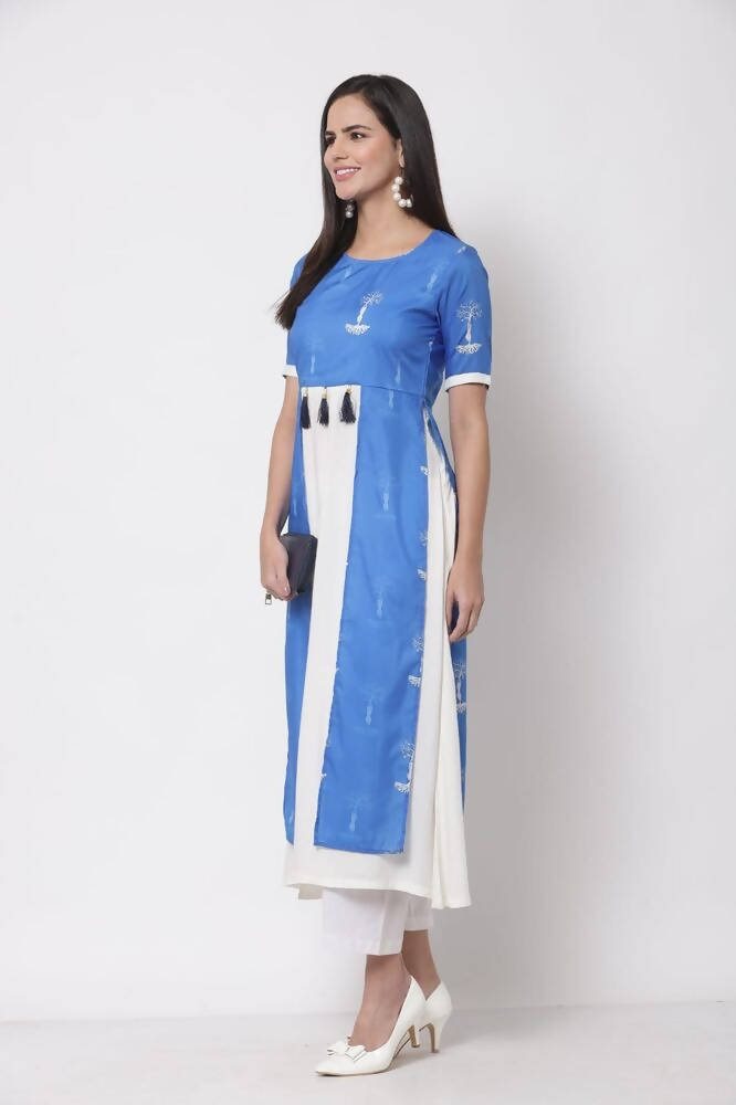 Myshka Viscose Printed 3/4 Sleeve Round Neck Casual Blue Women&#39;s dress