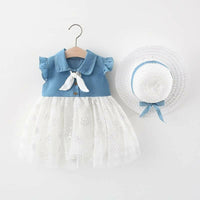 Thumbnail for Bold N Elegant Cap Sleeve Denim Embroidered Midi Party Dress Frock with Hat Dress - Floral White - Distacart