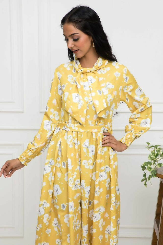 Myshka Women Yellow-Floral Rayon A-Line Shirt Collar Dress - Distacart