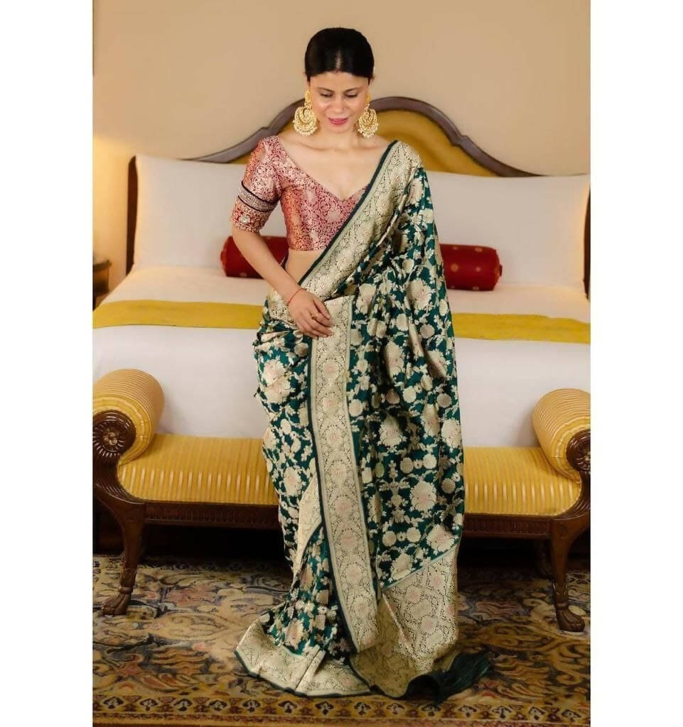 DEIANA'S Beautiful Golden Jari with New Design Soft Lichi Silk Saree - Green - Distacart