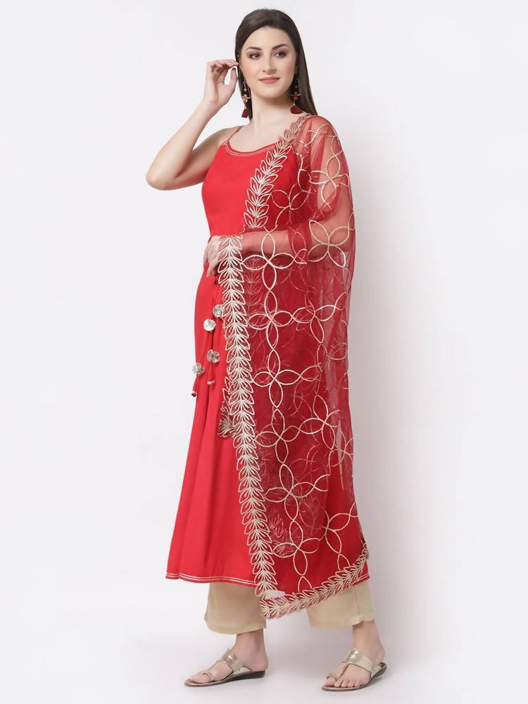 Myshka Red Color Silk blend Solid Kurta With Dupatta Set