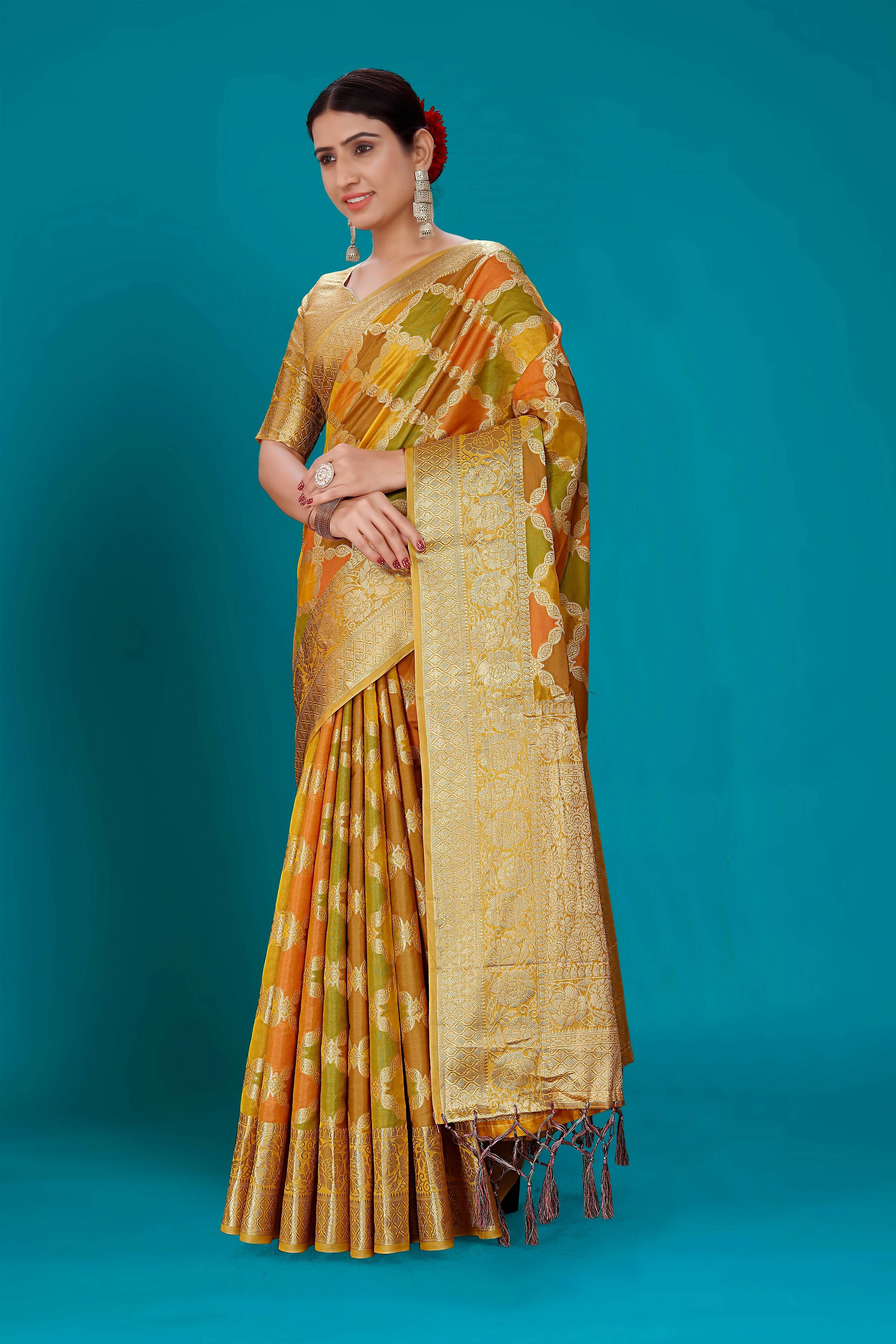 Mustard Soft Organza Woven Design Saree with Unstitched Blouse Piece - Zaara - Distacart
