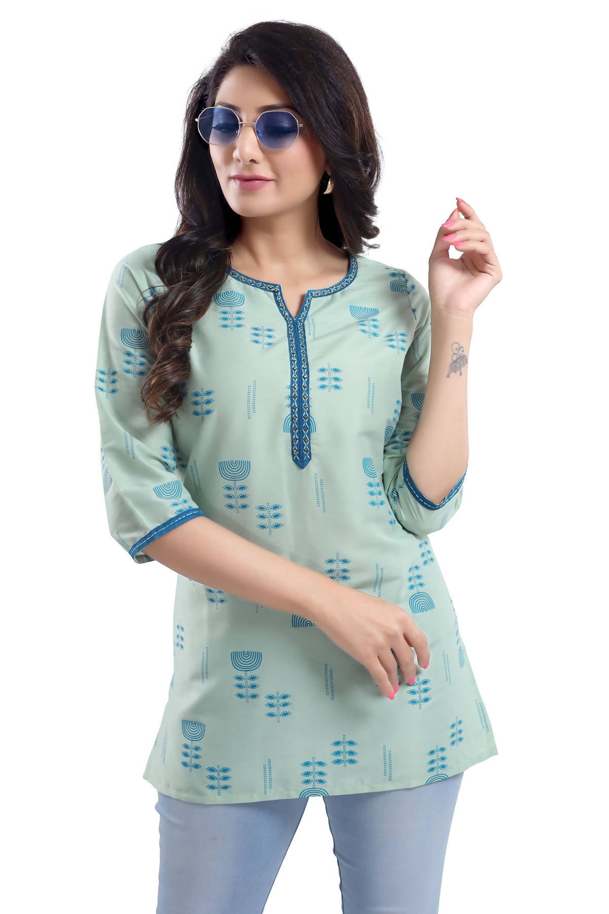 Snehal Creations Luxurious Fine Pista Cotton Silk Short Tunic - Distacart