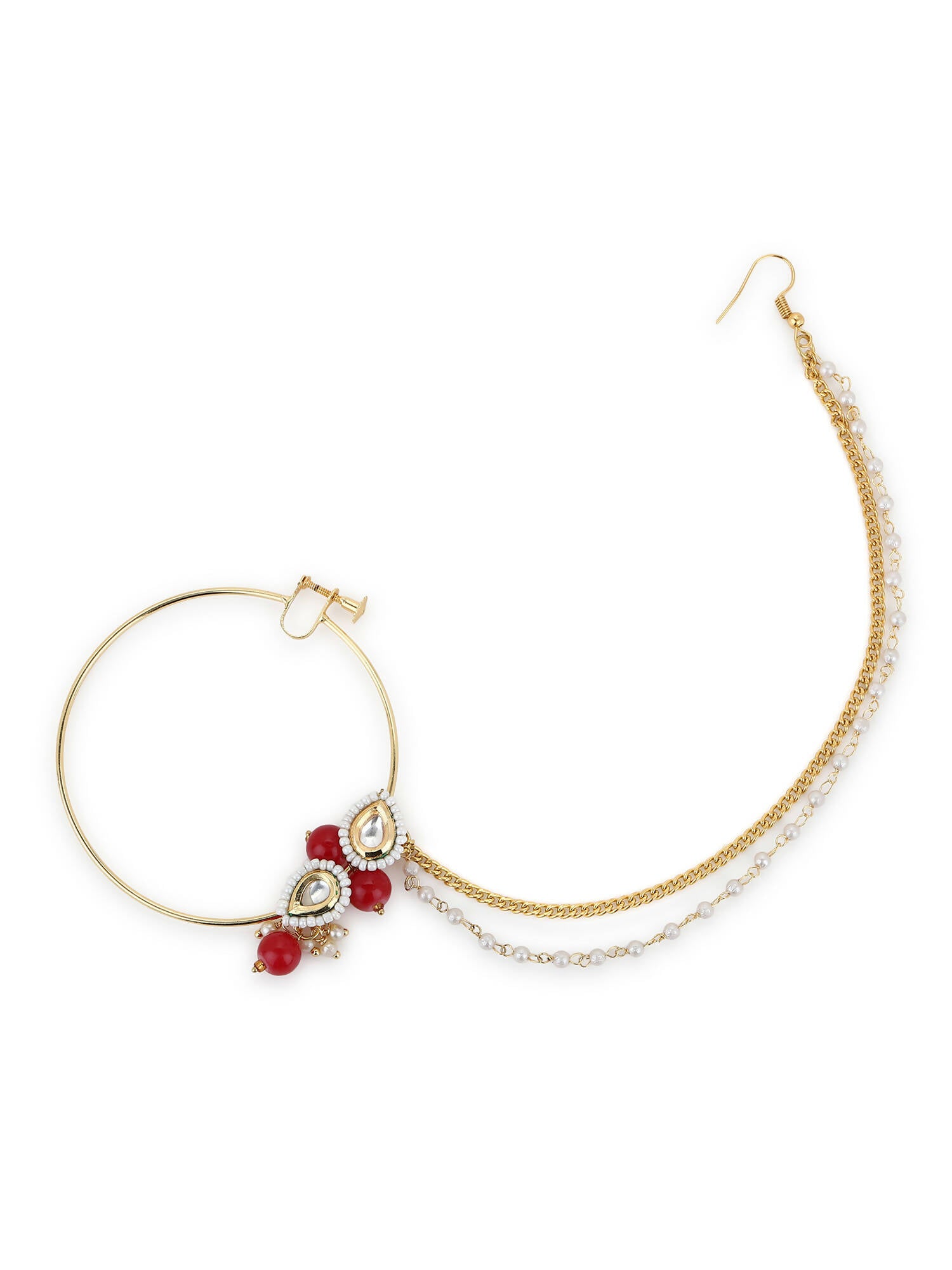 Gold-Pleated Red White Kundan Studded Beaded Nosepin - Ruby Raang - Distacart