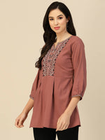 Thumbnail for Brown Chinon Floral Embroidered Top - Zeny - Distacart