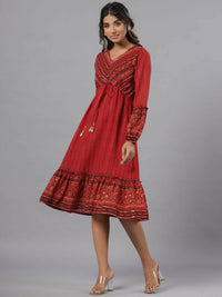 Thumbnail for Juniper Women Rust Georgette Printed Midi Dress - Distacart