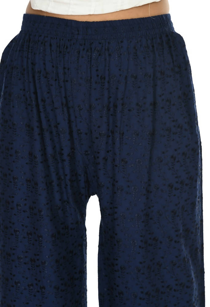 Mominos Fashion Moeza Reyon Cotton Navy Blue Chikan Work Palazzo