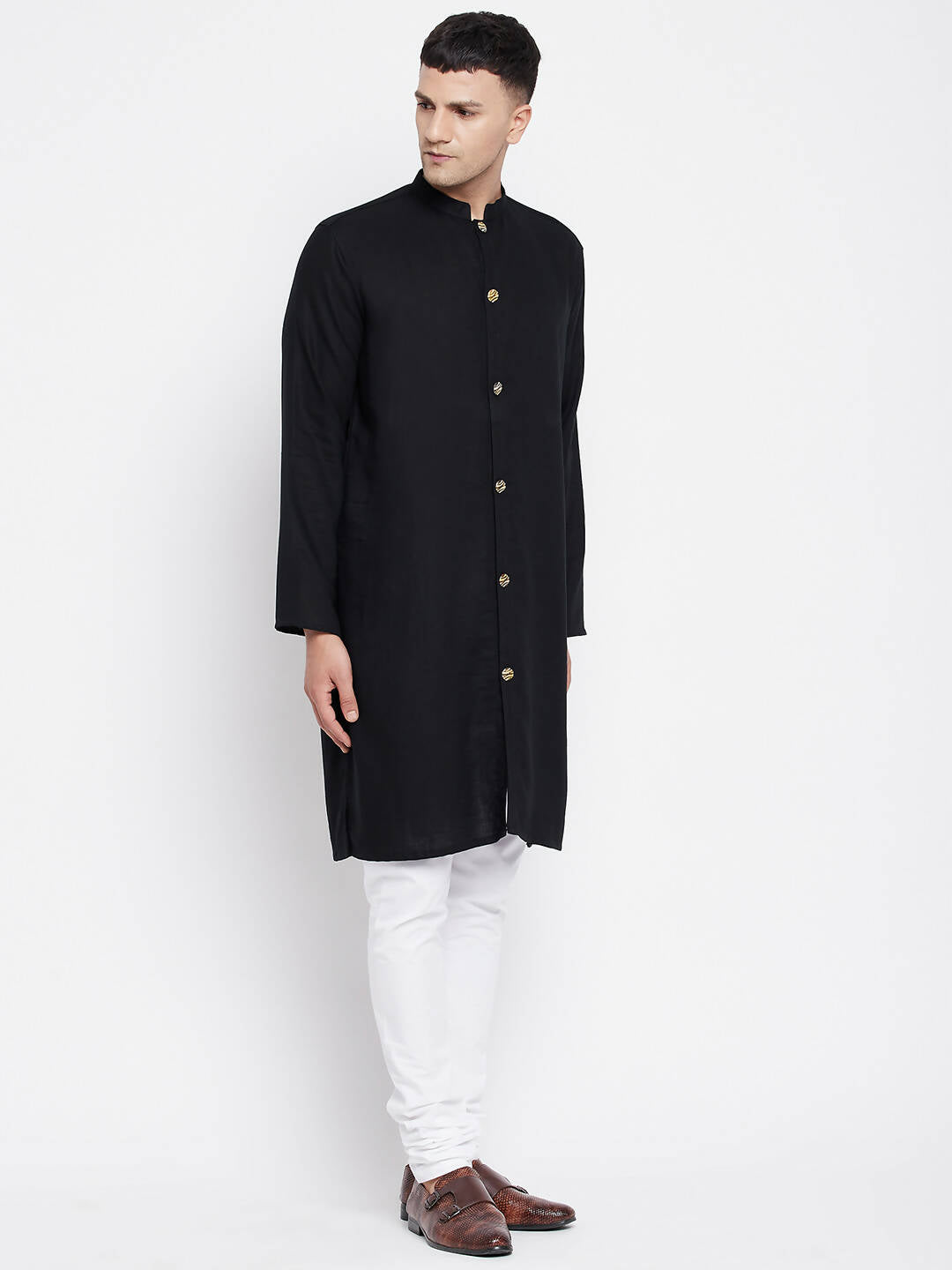 Even Apparels Black Pure Cotton Men's Sherwani Kurta With Open Front - Distacart